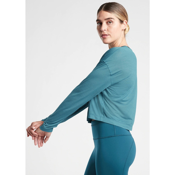 Athleta Vapor Long Sleeve Crewneck Pullover Cropped Top Dark Surf Teal Blue M - Picture 3 of 11
